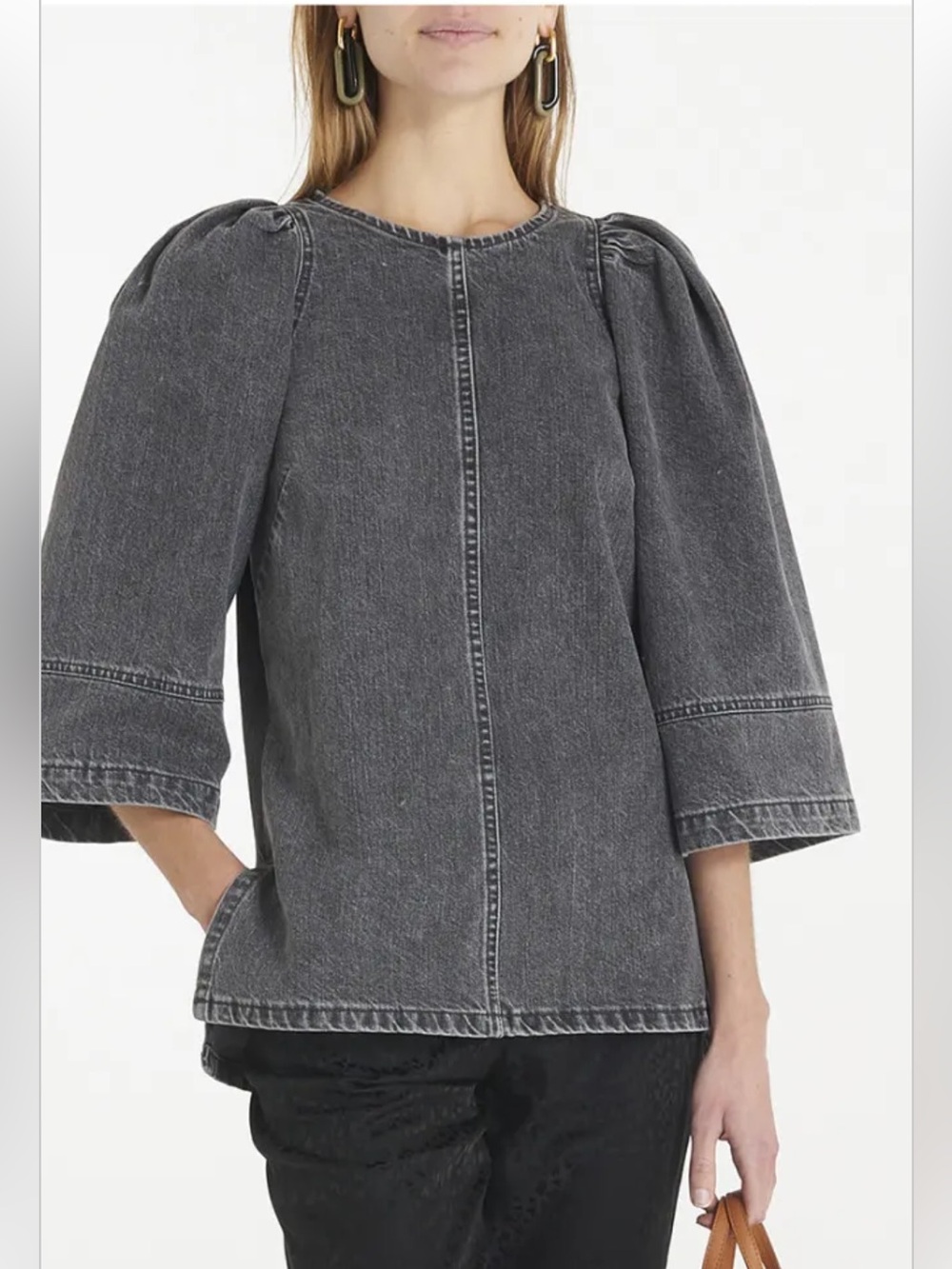 NWT Rachel Comey Gray Denim Chambray 100% Cotton 3/4 Sleeve Elmore Top Sz. 0